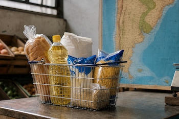 Cesta metálica con pan, aceite de girasol, leche, harina y fideos sobre un mostrador frente a un mapa de Argentina.