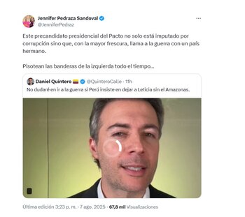 Jennifer Pedraza rechazó las declaraciones de Daniel Quintero sobre Perú y lo acusó de usar un discurso que pone en riesgo la diplomacia - crédito @JenniferPedraz/X