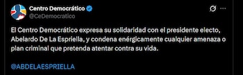 El expresidente y su partido manifestaron su apoyo al presidente electo después de conocerse un presunto plan para atentar contra su vida - crédito @CeDemocratico / X