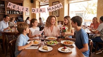 Madre y sus tres hijos almuerzan en un restaurante. Hay platos de pasta, ensalada, postres, vino tinto y una pancarta de 'Feliz Día, Mamá' colgando.