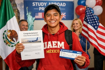 Joven sonriente con gorra y sudadera roja sostiene una carta de beca y un pase de abordar. Detrás hay banderas de México y Estados Unidos, y personas.