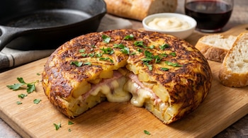 Primer plano de una tortilla de papas rellena con jamón y queso fundido, cortada en una tabla de madera con perejil picado, pan y vino tinto.