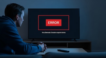 Hombre sentado en un sofá oscuro mira una Smart TV. La pantalla muestra un recuadro rojo con la palabra ERROR y el texto 'Virus Detectado'.