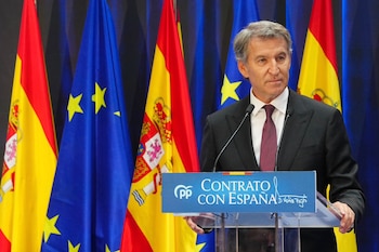 El presidente del Partido Popular, Alberto Núñez Feijóo, interviene en el acto de presentación del Contrato con España.(PP/David Mudarra)