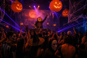 Personas disfrazadas, un pinchadiscos con máscara de calabaza, luces láser violetas y calabazas luminosas colgantes.
