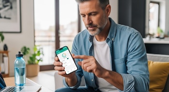 Hombre de mediana edad sentado, con barba, sostiene un teléfono móvil con una aplicación de seguimiento de metas. En la mesa, una botella de agua y una computadora portátil.