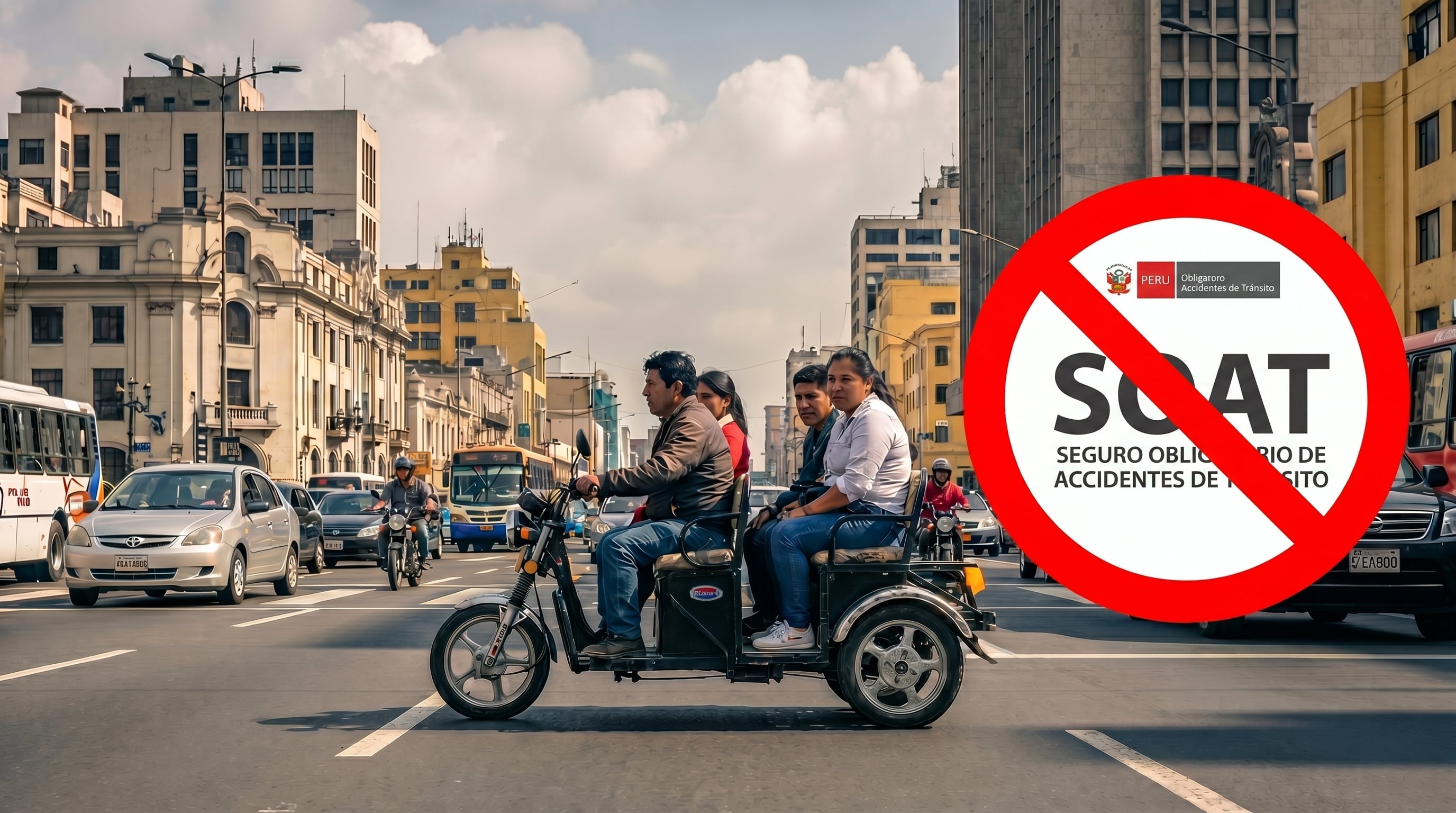 Un mototaxi con pasajeros transita por una calle de Perú concurrida por vehículos y edificios, mientras un símbolo de prohibición sobre el SOAT resalta el problema del seguro obligatorio. (Imagen Ilustrativa Infobae)