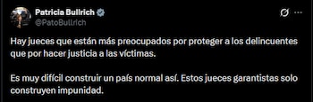 Captura de pantalla con un mensaje en la red social X emitido desde la cuenta verificada de Patricia Bullrich