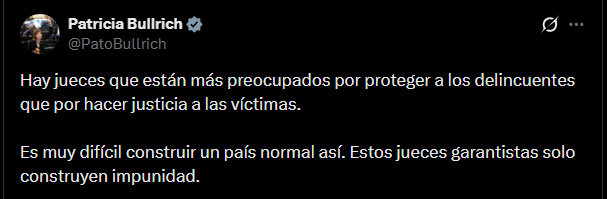 Una publicación en la red social X de Patricia Bullrich cuestiona el desempeño de los jueces garantistas.