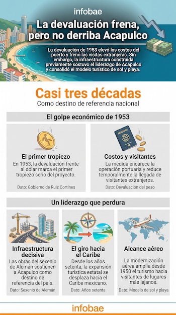 Infografía con ilustraciones y datos explicativos sobre la devaluación de 1953 y el turismo en Acapulco, México.