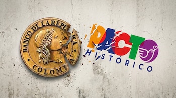 Moneda de oro rota del Banco de la República junto a las palabras 'Pacto Histórico' en letras coloridas y un ave morada, sobre un muro agrietado.