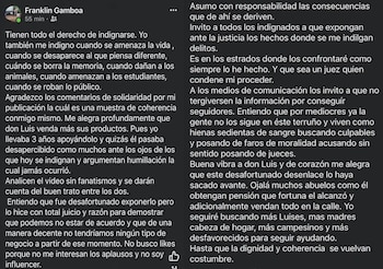 Franklin Gamboa defendió su actuación en una publicación de Facebook, aseguró que nunca buscó humillar al vendedor y afirmó que asumirá las consecuencias de sus actos. - crédito Facebook / Última Hora Caquetá