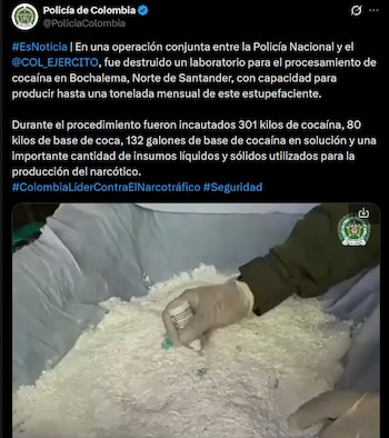 La Policía Nacional y el Ejército Nacional destruyeron en Bochalema, Norte de Santander, un laboratorio con capacidad para producir una tonelada mensual de cocaína - crédito @PoliciaColombia / X