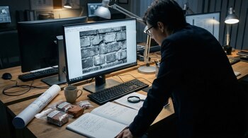 Especialista con gafas examina imagen de pared de ladrillo en monitor. En el escritorio hay planos, muestras de ladrillos y una lupa.