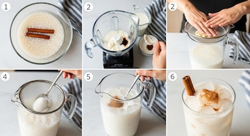 Seis imágenes que muestran la preparación de Agua de Horchata: remojado de arroz y canela, licuado, colado, añadido de azúcar, mezclado y bebida final con hielo.