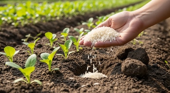 Una mano sostiene arroz blanco y lo vierte en un pequeño hoyo en la tierra fértil. Alrededor hay varias plantas jóvenes de hojas verdes en un campo de cultivo.