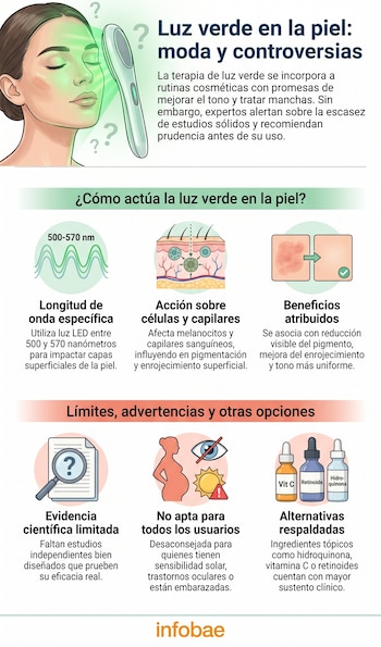 Ilustración de una mujer aplicando luz verde en su rostro; diagramas de ondas, piel y manchas; iconos de investigación, advertencias y productos tópicos.