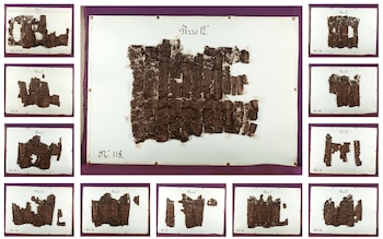 Los 12 «pezzi», o «piezas», del rollo de papiro de Herculano, ya desplegado, conocido como P.Herc.118. La recopilación de imágenes es propiedad de la Biblioteca Bodleiana de la Universidad de Oxford.
