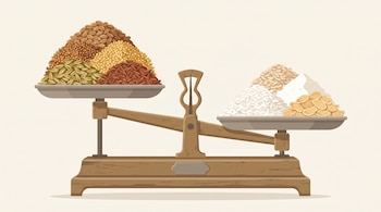 Balanza de platos. Un plato tiene granos enteros variados y el otro granos refinados. La balanza se inclina hacia los granos enteros.