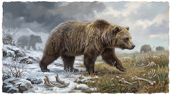 Ilustración a témpera: oso pardo caminando en paisaje nevado y pradera con flores, siluetas de osos y mandíbulas fósiles en el suelo.