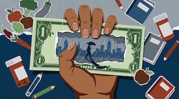 Ilustración de una mano morena sosteniendo un billete de dólar. Dentro del billete, una ciudad gris y una figura con paraguas bajo la lluvia. Alrededor, alimentos, medicinas y útiles.