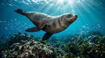 Una foca de pelaje oscuro nada bajo el agua cerca de un arrecife de algas y un grupo de peces pequeños iluminados por la luz del sol.