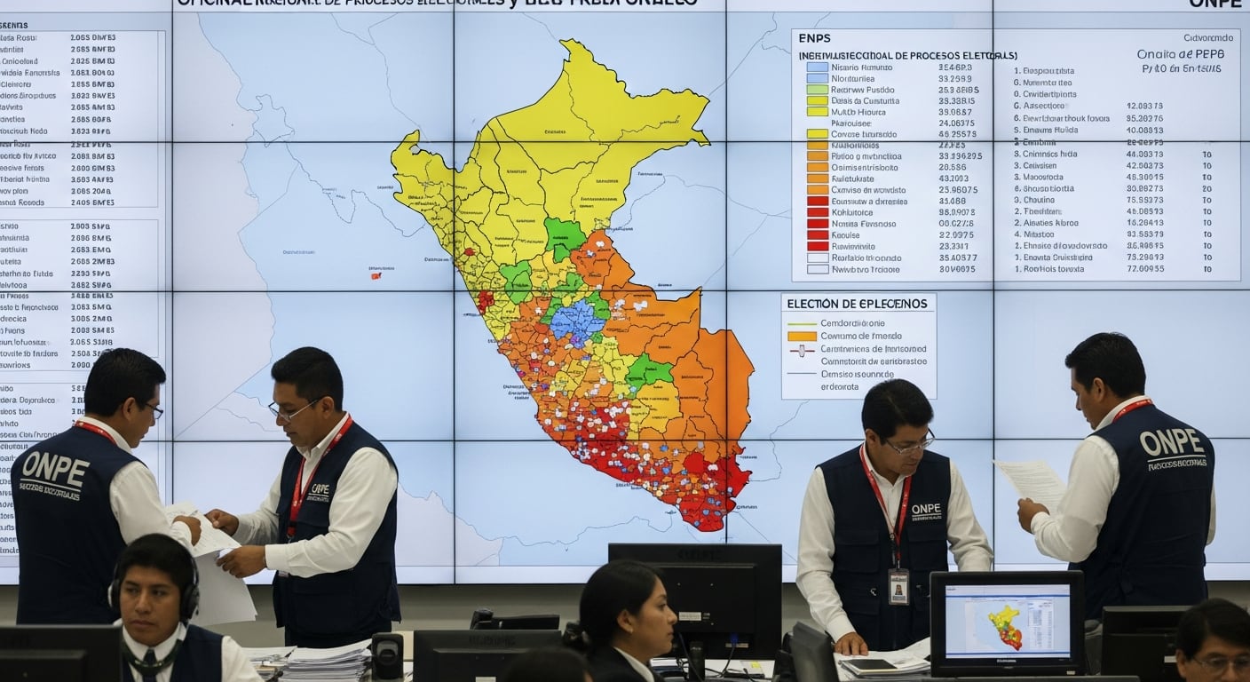 Trabajadores de la ONPE monitorean los resultados de las elecciones en las regiones del Perú, proyectados en una gran pantalla con un mapa detallado del país. (Imagen Ilustrativa Infobae)
