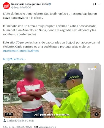 Siete casos sirvieron para establecer cómo era el 'modus operandi' del criminal denunciado, y que cayó en el municipio de Turbaco (Bolívar), donde permanecía escondido - crédito @SeguridadBOG/X