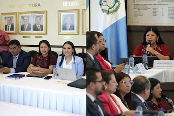 En una sala de reuniones, una mujer habla por micrófono frente a una bandera de Guatemala, y otras personas están sentadas en mesas con portátiles y botellas de agua.