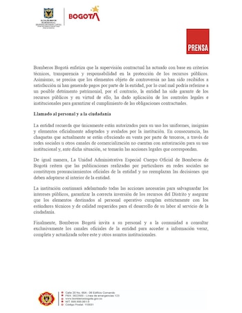 Bomberos Bogotá advierte sobre la comercialización no autorizada de uniformes y pide consultar canales oficiales. - crédito @BomberosBogota/X