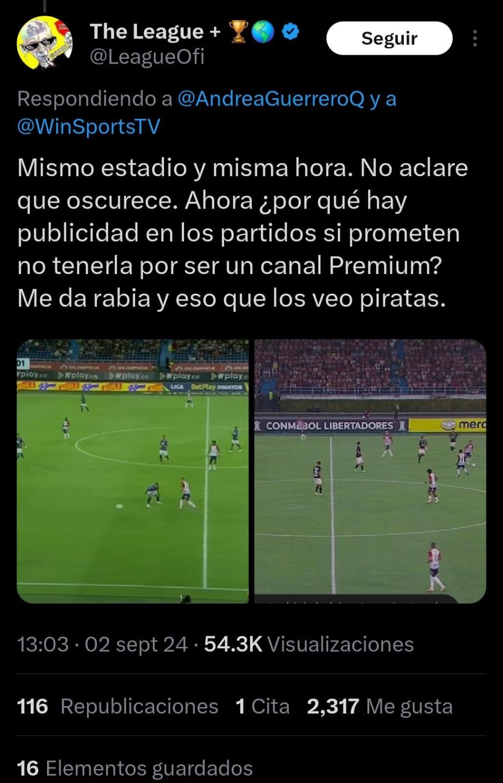 El usuario destacó que la situación no pasa ni por la hora ni por el estadio, además cuestionó el motivo de que el canal use publicidad en sus transmisiones - crédito @LeagueOfi / X