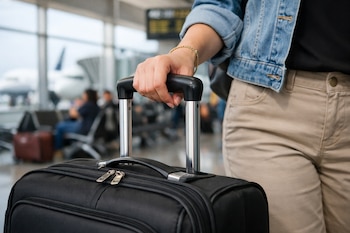Mano de mujer sosteniendo el asa de una maleta de ruedas negra en primer plano, con el interior de un aeropuerto y un avión visible al fondo.