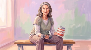 Ilustración de mujer de mediana edad sentada en banco de gimnasio con mancuerna y envase de creatina. Fondo difuso en tonos pastel.