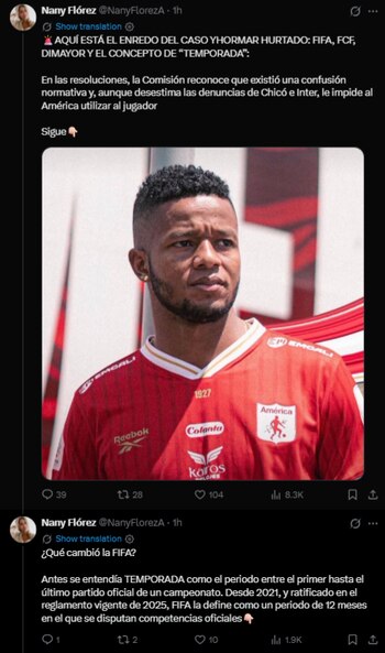 América de Cali defiende la habilitación de Yhormar Hurtado mientras varios clubes reclaman su alineación ante la Dimayor-crédito @NanyFlorezA/X