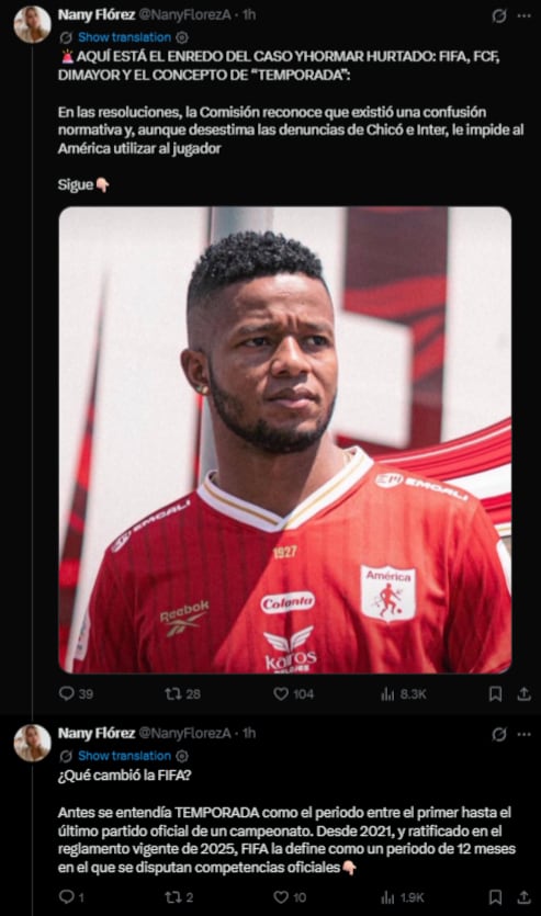 América de Cali defiende la habilitación de Yhormar Hurtado mientras varios clubes reclaman su alineación ante la Dimayor-crédito @NanyFlorezA/X