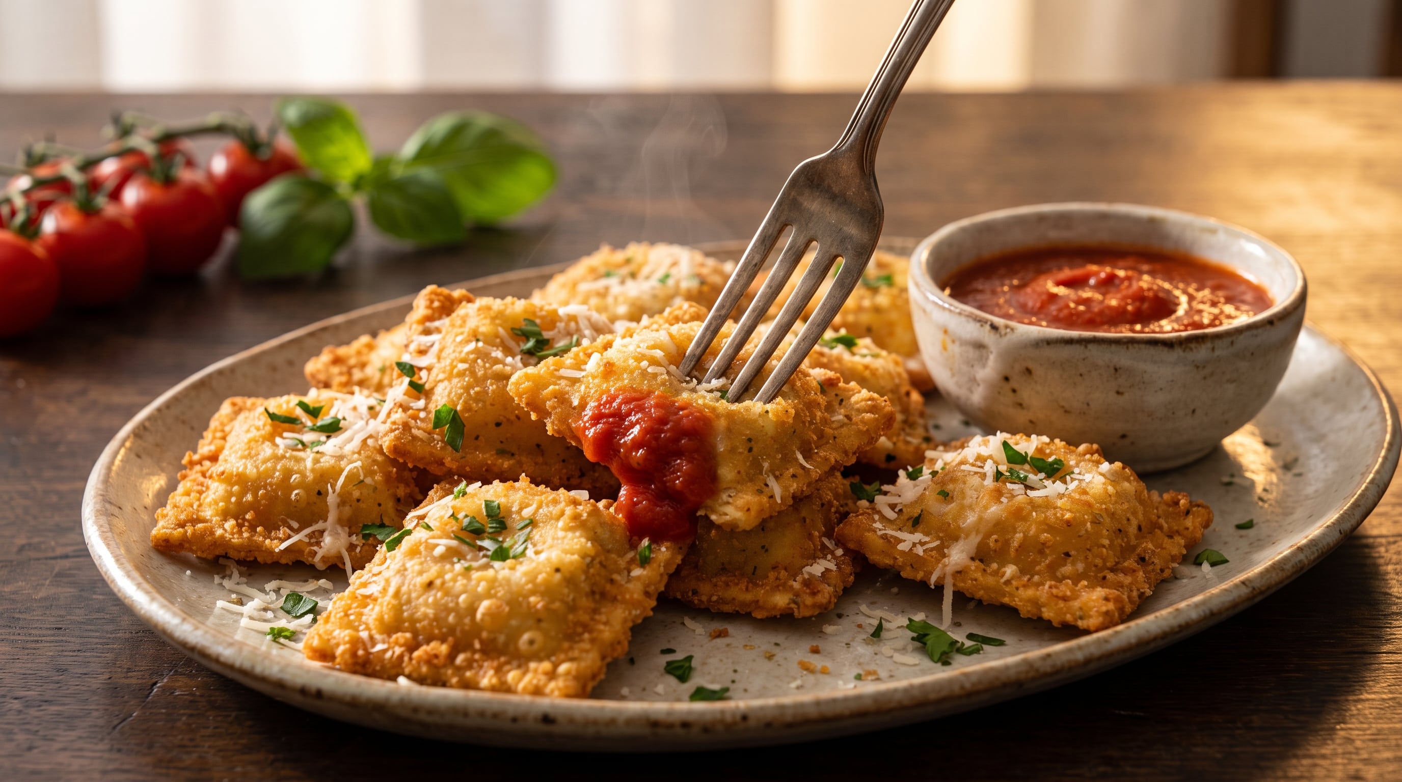 Ravioles rellenos, empanados y fritos, servidos con salsa marinara y parmesano, reciben el nombre de toasted ravioli en Estados Unidos (Imagen Ilustrativa Infobae)