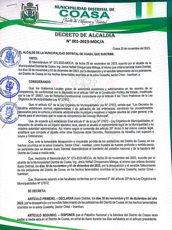 Municipalidad Distrital de Coasa suspendió