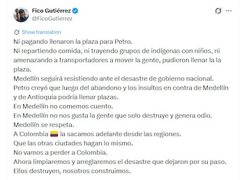 Federico Gutiérrez aseguró que la movilización no logró llenar la plaza pese a las estrategias denunciadas y reiteró su postura crítica frente al Gobierno nacional - crédito @FicoGutierrez/x