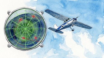 Ilustración en acuarela de una avioneta azul y blanca en el cielo junto a una pantalla circular de radar con cuatro aviones rojos.