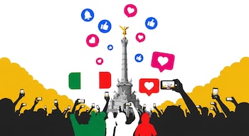 Ilustración: Ángel de la Independencia, multitud de siluetas con teléfonos, símbolos flotantes de redes sociales: corazones, pulgares arriba.