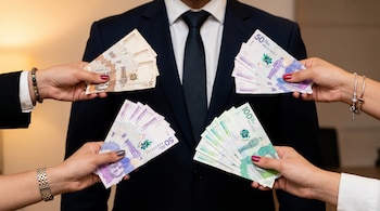 Un hombre en traje oscuro y corbata recibe billetes de Pesos Colombianos de las manos de tres mujeres; se ven billetes de 5.000, 50.000 y 100.000.