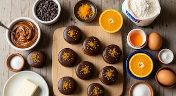 Vista aérea de una tabla de madera con ocho alfajores de chocolate y naranja, rodeada de ingredientes como dulce de leche, harina, huevos, naranjas, chocolate y azúcar.