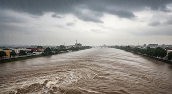 Vista aérea de un río marrón desbordado bajo lluvia intensa y cielo nublado. Las orillas están saturadas, con edificios y árboles de una ciudad al fondo.