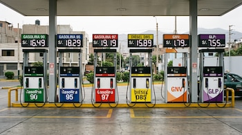 Seis surtidores de combustible alineados bajo un techo con paneles digitales de precios e identificadores de colores.