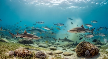 Múltiples tiburones, peces de distintas especies, corales, rocas y plantas marinas en un fondo oceánico arenoso bajo la luz solar que atraviesa el agua.