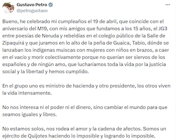 Petro compartió un mensaje sobre su cumpleaños y su historia personal, publicación que coincidió con jornadas de violencia en varias regiones de Colombia. - crédito @petrogustavo/X