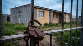 Un candado grande, oxidado y roto cuelga de una reja de metal. Detrás, se ve una casa simple con césped y un cielo nublado.