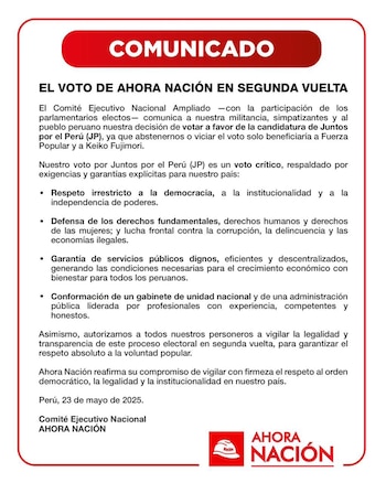 Ahora Nación anuncia un "voto crítico" a favor de Roberto Sanchez en segunda vuelta. (Foto: Ahora Nación)