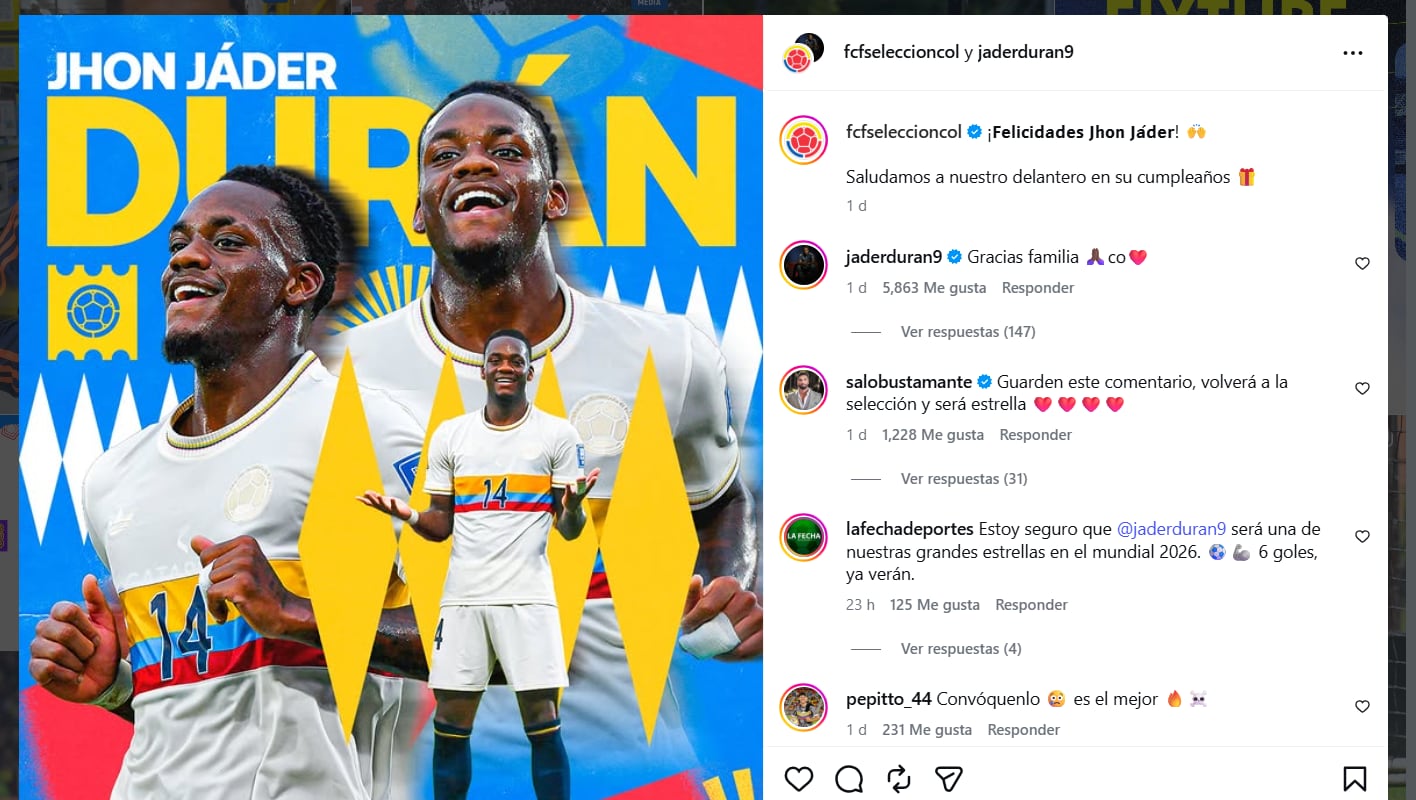 Publicación de la selección Colombia y mensaje de Jhon Jader Durán en su cumpleaños - crédito FCF