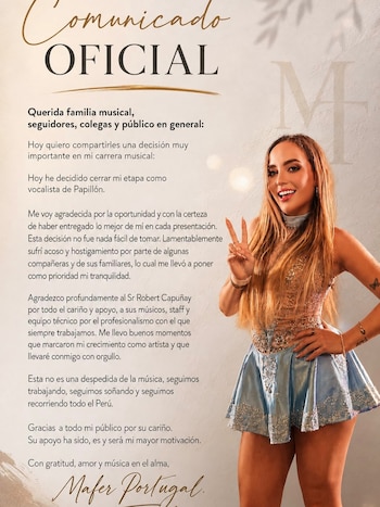 Fotografía de Mafer Portugal posando y haciendo el signo de la paz, vestida de azul y dorado. A su izquierda, un comunicado oficial con texto impreso